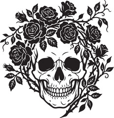 Obraz premium Black skull, floral wreath, roses, vector illustration, death symbol, floral design