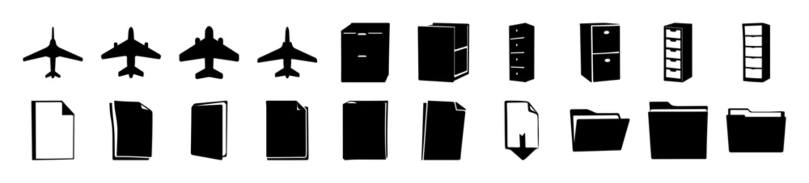 Flat icons set of transportation and documents - Minimalist flat design icons showing airplanes, vehicles, and document folders in black and white for modern digital use