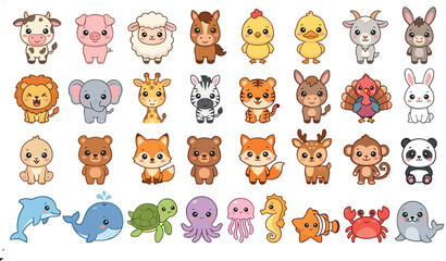 Fototapeta premium Cute Kawaii Baby Animal Character Set with Farm Safari and Ocean Animals for Kids Sticker Clipart and Nursery Design