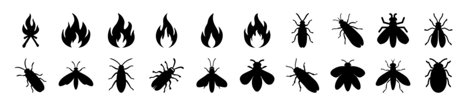 Black firefly or lightning bug icons set - A stylized collection of black fireflies or lightning bugs in various flight poses, perfect for nature, summer, or biological-themed projects.