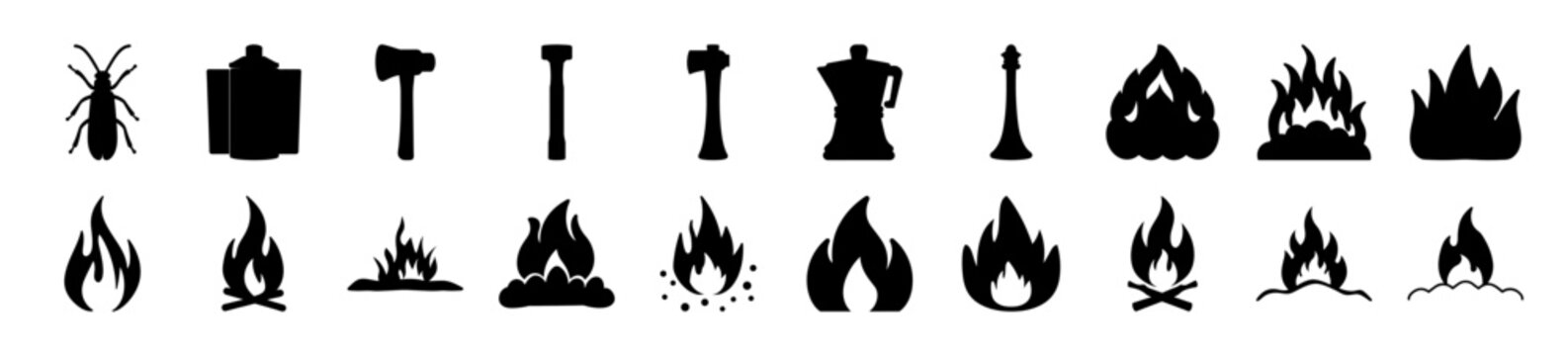 Black fire and tool icons set flat design - Minimalist black icons showing fire, flames, and various tools in a flat design style for easy use in graphics and web projects.