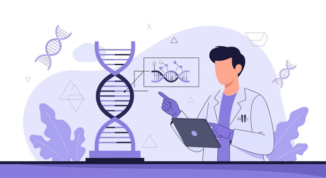 Scientist Analyzing DNA Helix and Data on Tablet in Modern Laboratory