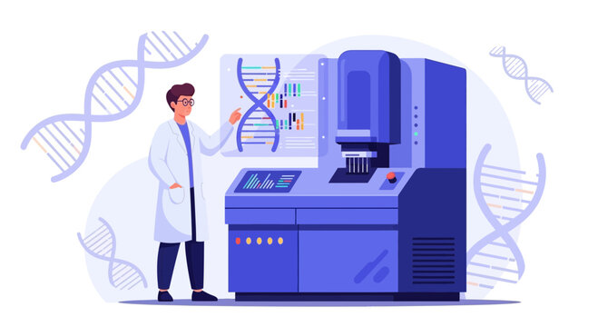 Scientist Analyzing DNA Sequence on Screen Beside Advanced Genetic Sequencing Machine