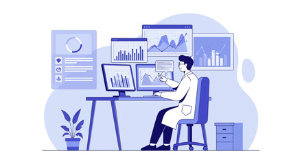 Fototapeta premium Scientist Analyzing Data on Computer Screens with Graphs and Charts