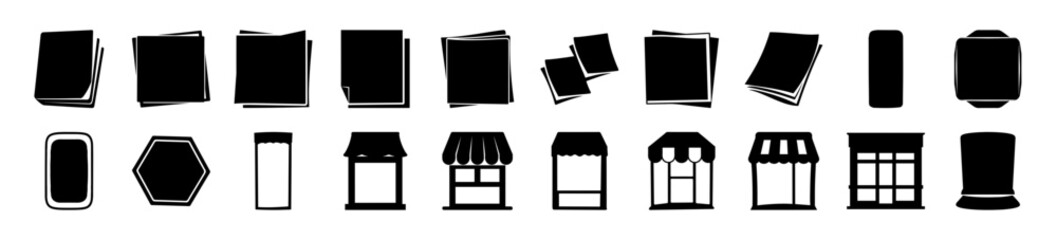 Obraz premium Flat icons set of various storefronts and shops - Minimalist vector icons showing different types of storefronts and shop styles in flat design.
