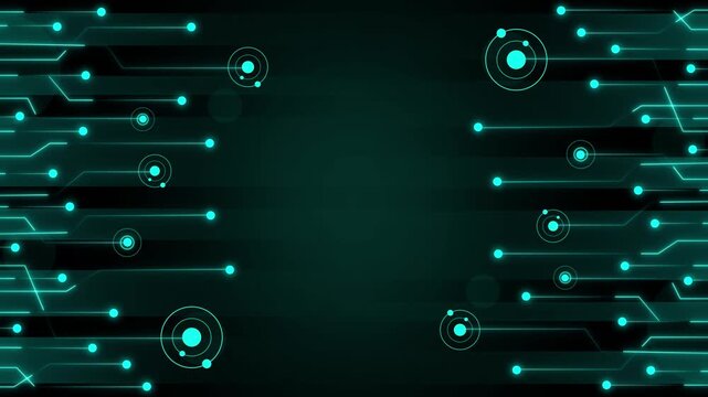 Futuristic circuit board pattern flows with glowing dots and circles. High tech circuit board pattern creates an abstract digital backdrop. Modern circuit board pattern loop.