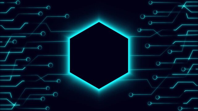 Hexagonal frame borders an intricate cyan digital circuit board grid. Futuristic hexagonal frame represents advanced technological design. Abstract hexagonal frame asset.