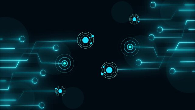 Scattered circuit board components blink across a deep tech background. Abstract circuit board components form an intricate internet matrix. Modern circuit board components.