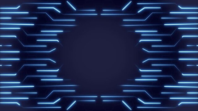 Circular frame forms from pulsing blue neon digital hardware traces. Abstract circular frame highlights high tech network computing motifs. Elegant circular frame loop.