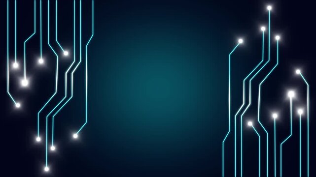 Bright hardware lines illuminate a dark teal microchip texture mesh. Glowing hardware lines symbolize high speed data transmission paths. Abstract hardware lines loop.