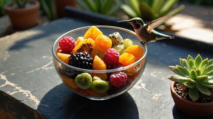 Fototapeta premium Colorful bowl of mixed fruits with a hummingbird in a sunny garden setting, showcasing nature's beauty