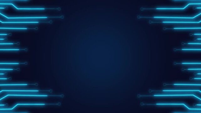 Intricate computer trace graphics pulse over dark blue display panels. Neon computer trace graphics symbolize advanced internet web systems. Abstract computer trace loop.