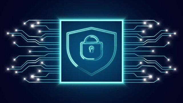Secure shield lock icon illuminates a digital system grid background. Cyber shield lock icon signifies complete database network privacy. Abstract shield lock icon.
