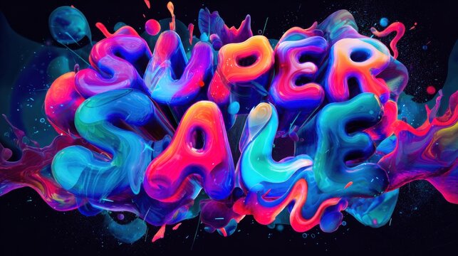 SUPER SALE typography with vibrant colorful gradients, flowing liquid shapes, abstract smoke, glowing neon lighting, dynamic promotional banner