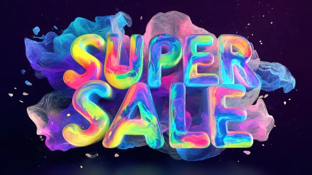 SUPER SALE typography with vibrant colorful gradients, flowing liquid shapes, abstract smoke, glowing neon lighting, dynamic promotional banner