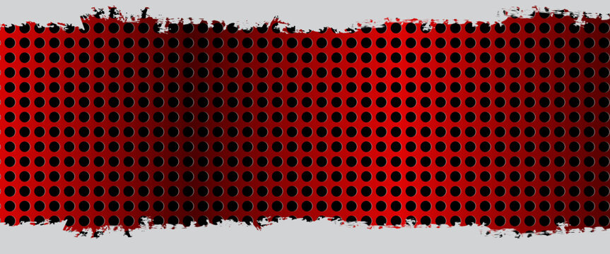 Red perforated grill texture. 3d circle grid seamless pattern. Dotted hole metal sheet surface. Professional microphone speaker structure background. Black iron geometric wall. Dark red metallic plate