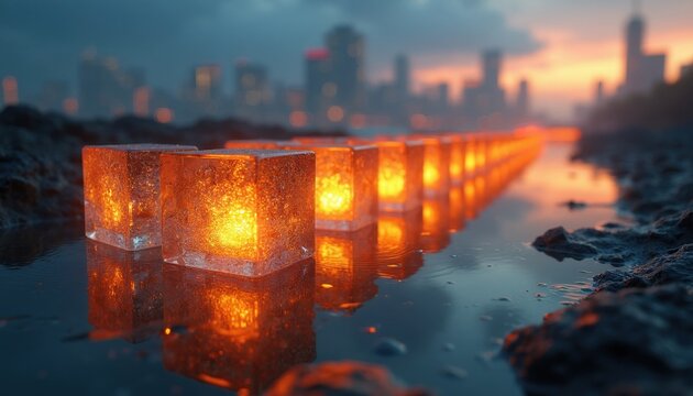 Row of glowing orange cubes floats on water surface. City skyline with tall buildings visible in blurred background at dusk. Wet ground with puddles and reflections.