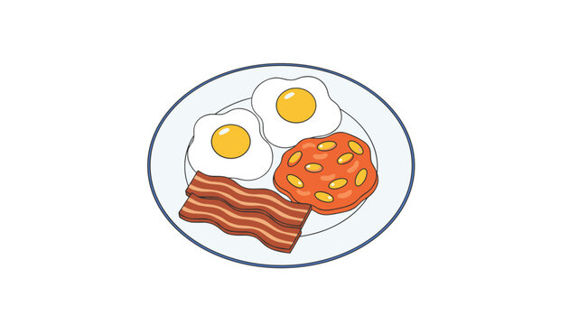 Traditional English breakfast featuring sunny side up fried eggs, crispy bacon strips, and baked beans served on a circular plate for a hearty morning meal presentation.