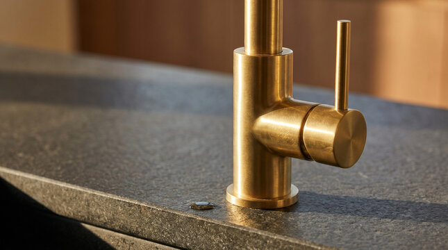 Close up brass fixture detail on stone counter, luxury kitchen hardware material