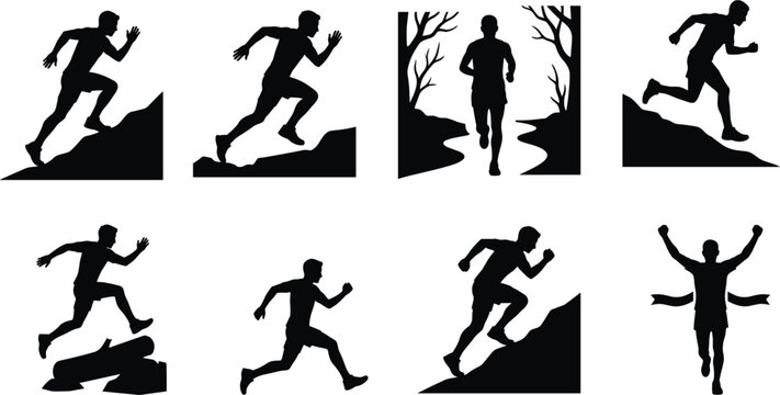 Trail Running Silhouette Collection with Marathon Runners Climbing Jumping and Victory Poses