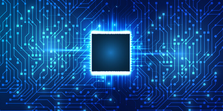 Bright glowing microprocessor on digital circuit background with square data points and high speed connectivity lines.