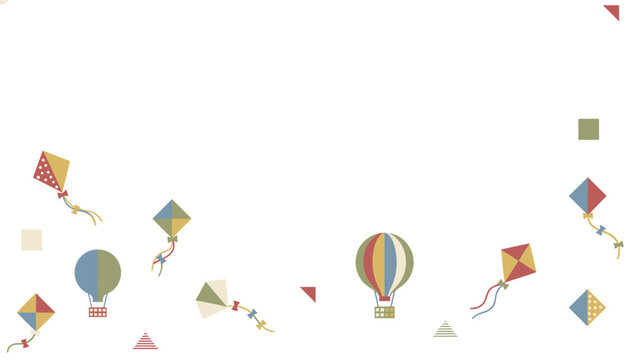 Assortment of whimsical kites and hot air balloons drifting across a neutral surface to symbolize childhood joy, recreational travel, and lighthearted summer leisure activities.
