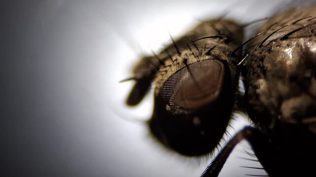 Fly head under brightfield microscope, extreme macro of compound eye