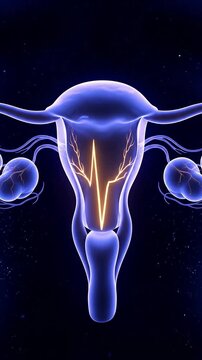 Stylized Anatomical Illustration of Translucent Uterus with Detailed Fallopian Tubes and Ovaries on Cosmic Background