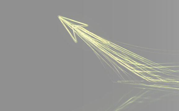 Yellow neon arrow on gray  background, glowing light trails dynamic motion split screen