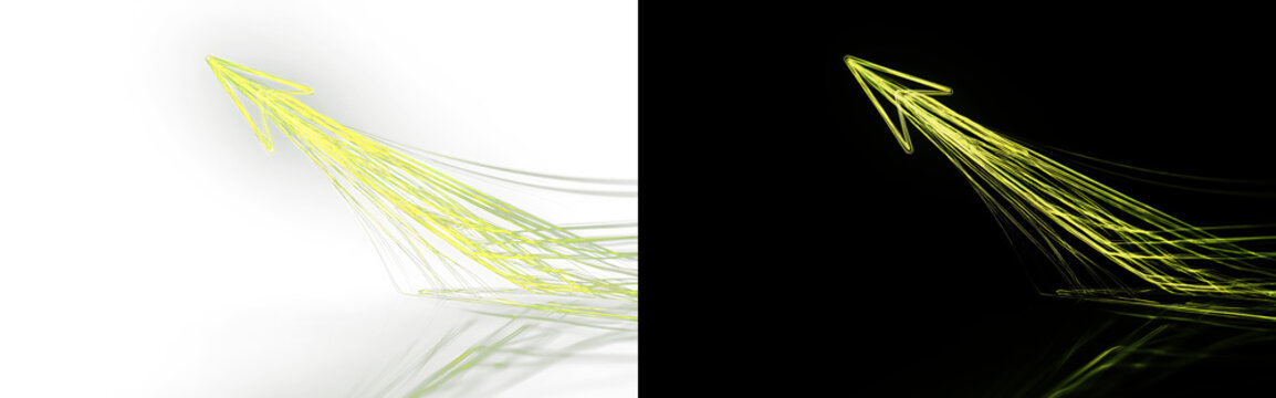 Yellow neon arrow on white and black background, glowing light trails dynamic motion split screen