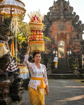 Balinese Woman in White Kebaya and Yellow Sarong Balancing Colorful Fruit Offering on Head at Traditional Hindu Temple, Bali Indonesia