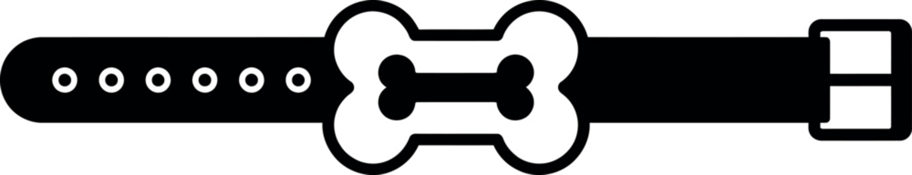 A minimalist black and white graphic icon of a dog collar featuring a central bone shape on a plain background