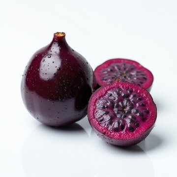 Akebi fruit, whole, halved purple exotic fruit with juicy seeds, rests on clean white surface. Vibrant, fresh produce offers glimpse into unique flavors, textures for culinary exploration, healthy