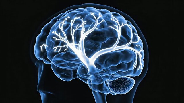 Stylized X-Ray Illustration Of The Human Brain Showcasing Vascular System Against Black Background For Medical And Neuroscience Use
