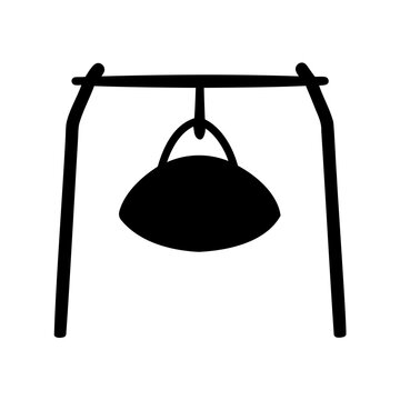 Black bell hanging on wooden stand icon - Minimalist black bell icon suspended from a simple wooden stand, clean and modern design for use in illustrations or digital graphics