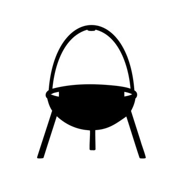Black camping grill on three legs icon - Minimalist vector icon of a portable black grill with three legs, ready for outdoor cooking.