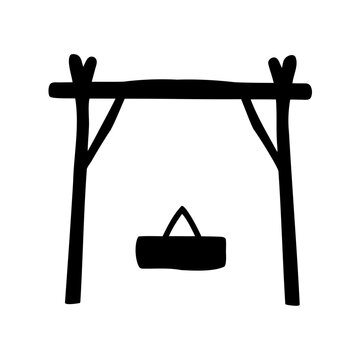Minimalist hammock hanging between two trees icon - Simple black and white vector icon of a hammock suspended between two tree branches, stylized for clean and modern use.