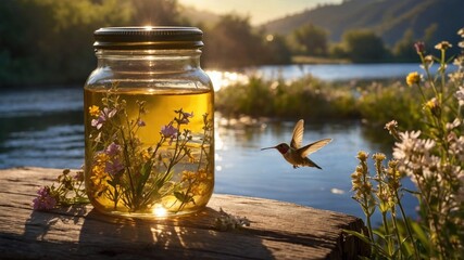 Fototapeta premium A hummingbird hovers near a jar of wildflowers by a serene river during sunset, capturing nature's beauty