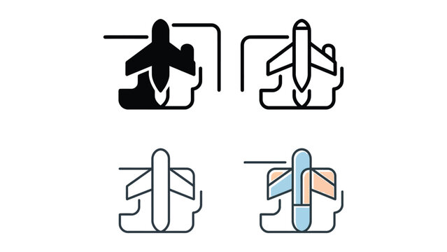 Four different airplane boarding and disembarking process icons with transparent background
