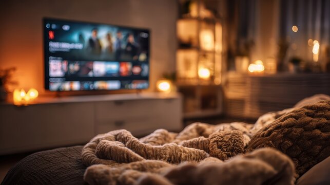 Inviting living room with modern TV displaying streaming service interface and cozy blanket representing home entertainment digital media leisure and contemporary lifestyle values
