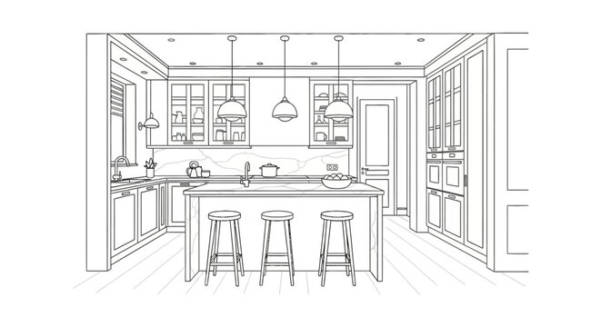 Modern kitchen interior with central island and bar stools