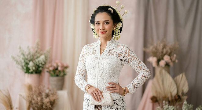 Beautiful Indonesian Bride in White Lace Kebaya with Gold Jewelry, Jasmine Flower Headpiece Standing at Wedding, Java Indonesia