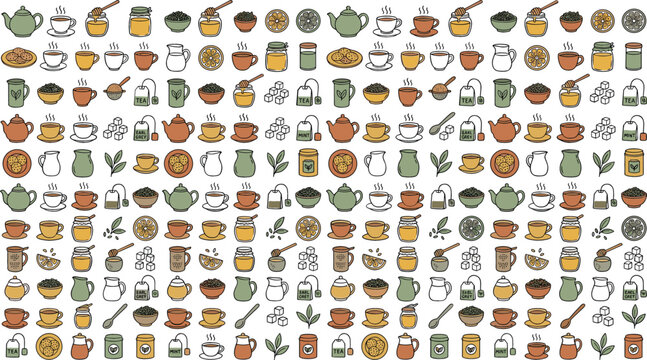 Cozy tea time seamless pattern vector background featuring teapots teacups honey jars tea bags lemon slices and cookies