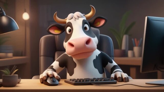 Funny cartoon cow working at computer desk with mouse and keyboard