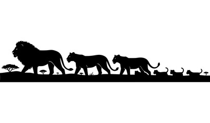 Majestic African lion pride silhouette landscape scene composition vector illustration isolated on white © Md Humaun
