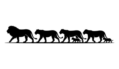 Silhouette of lion pride walking in African savannah landscape isolated on white background vector illustration © Md Humaun