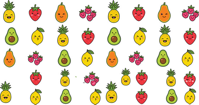 Cute kawaii tropical fruit sticker vector element set including smiling pineapple strawberry papaya raspberry avocado and sour lemon emoji icons