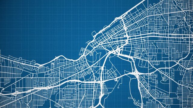 Ink reveal animation of Cleveland city, Ohio (OH), United States of America, grid map. Aerial top view. Blueprint style. White lines with blue background. 4K Seamless loop.