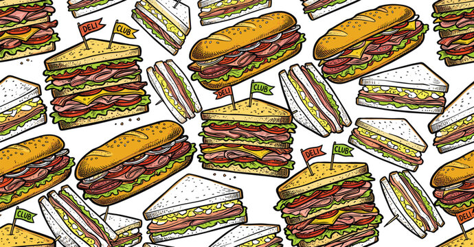 Deli sandwich seamless pattern vector background featuring club sandwiches sub rolls triangle sandwiches bacon cheese lettuce and tomato doodle icons