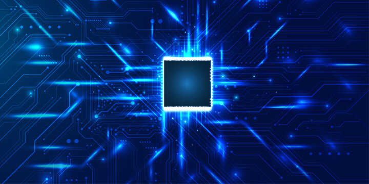 Advanced microchip on illuminated blue circuit board, symbolizing future technology.